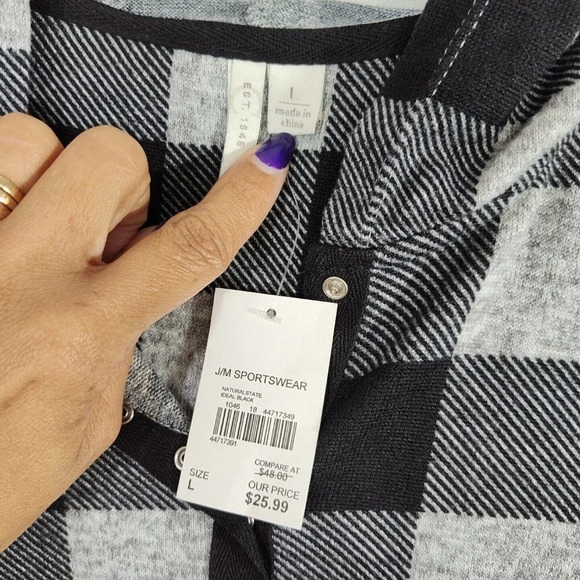 Cato Plaid Snap Front Hooded Black Grey Knit Tunic Top Hi Low Size L NEW w/FLAW - Picture 5 of 8